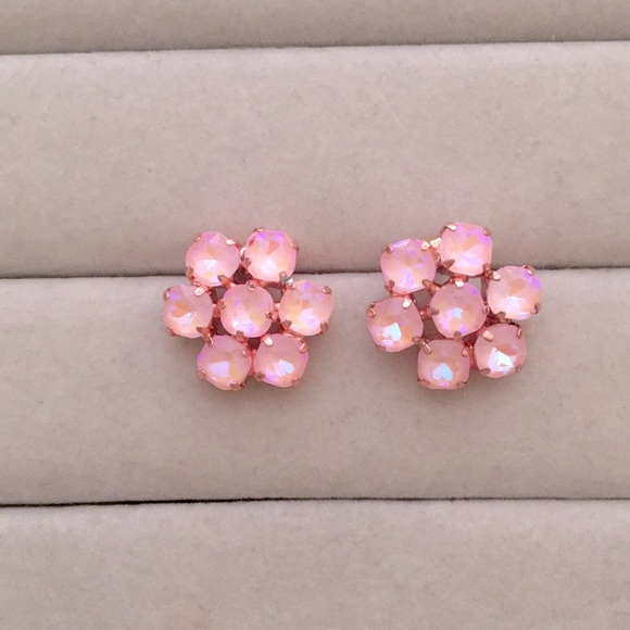 Pink Opal Aurora Borealis + Rose Gold Crystal Flower Statement Earrings - Picture 7 of 7